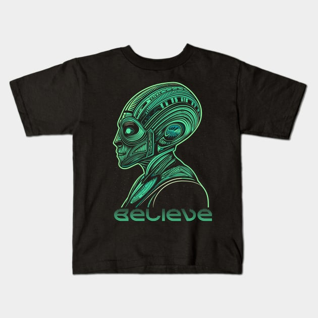 Believe Modern Sci-Fi Green Alien - Futuristic Extraterrestrial Art Kids T-Shirt by Soulphur Media